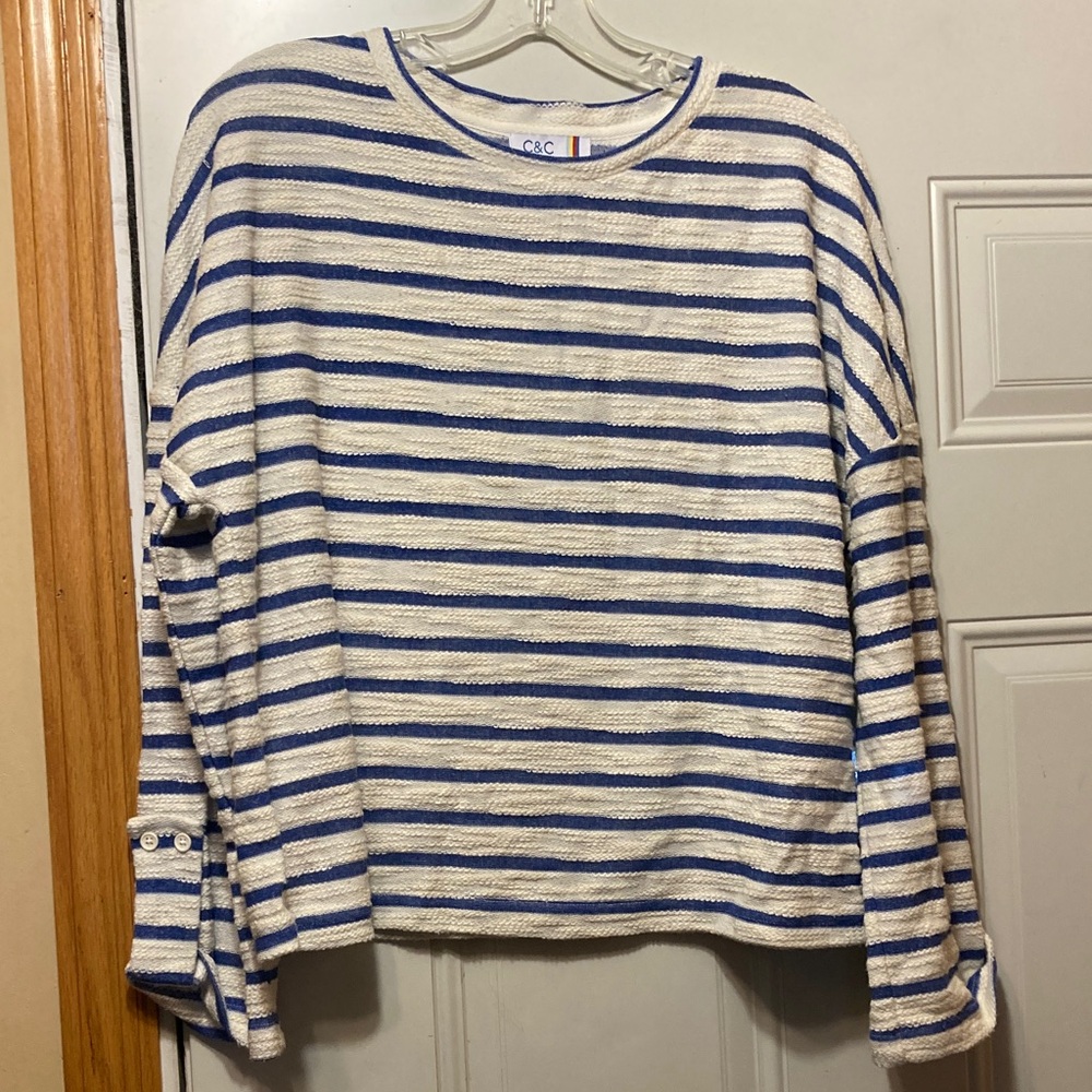C&C California White & Blue Striped Knit Pullover L